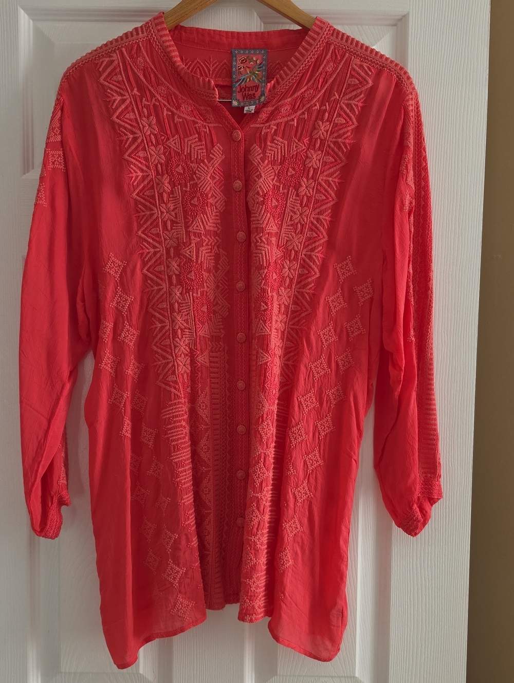 Johnny Was Coral Embroidered Button-Front Tunic